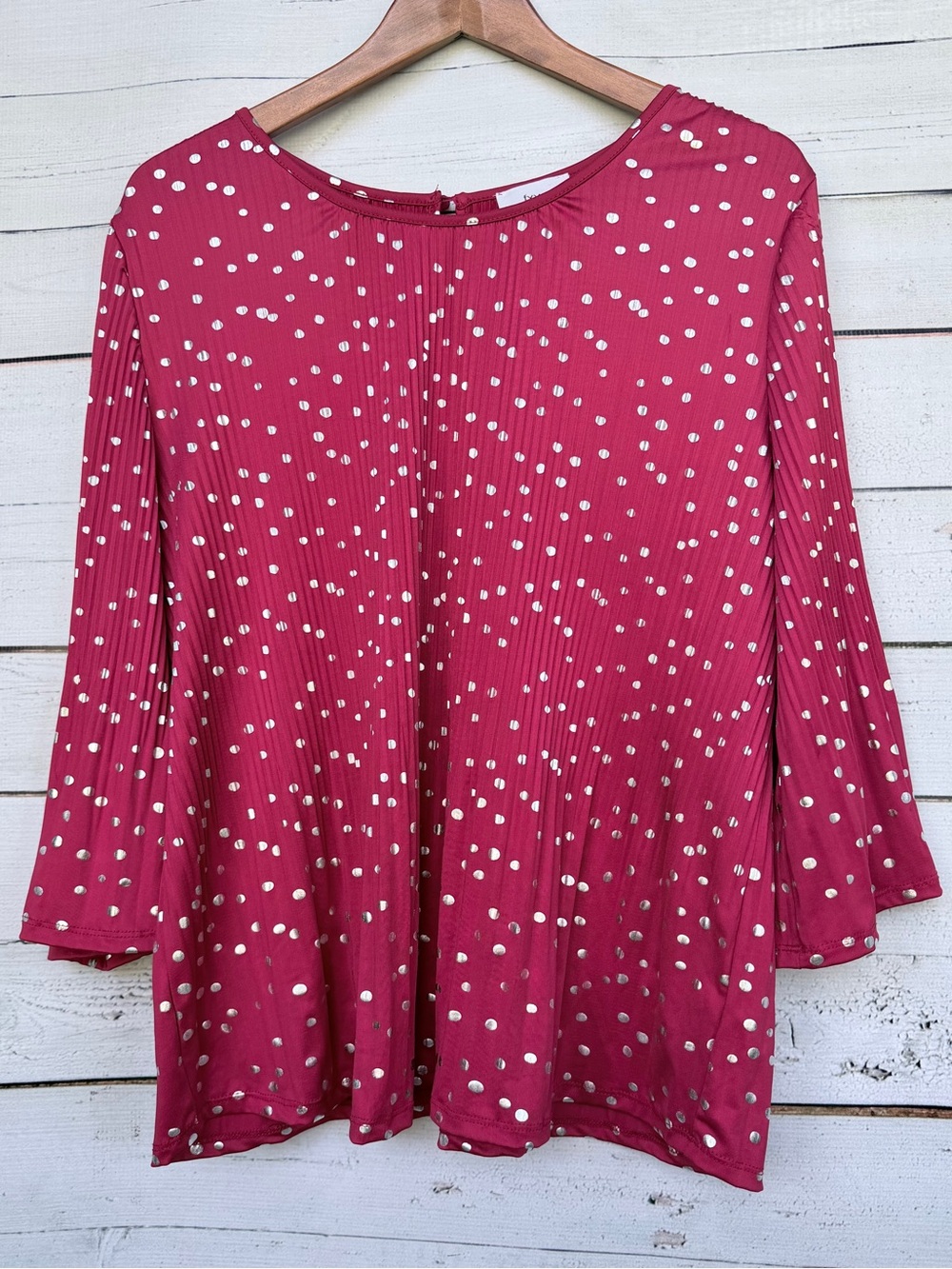 Fyve Metallic Silver Foil Dot Accordion Pleat Blouse Red XL